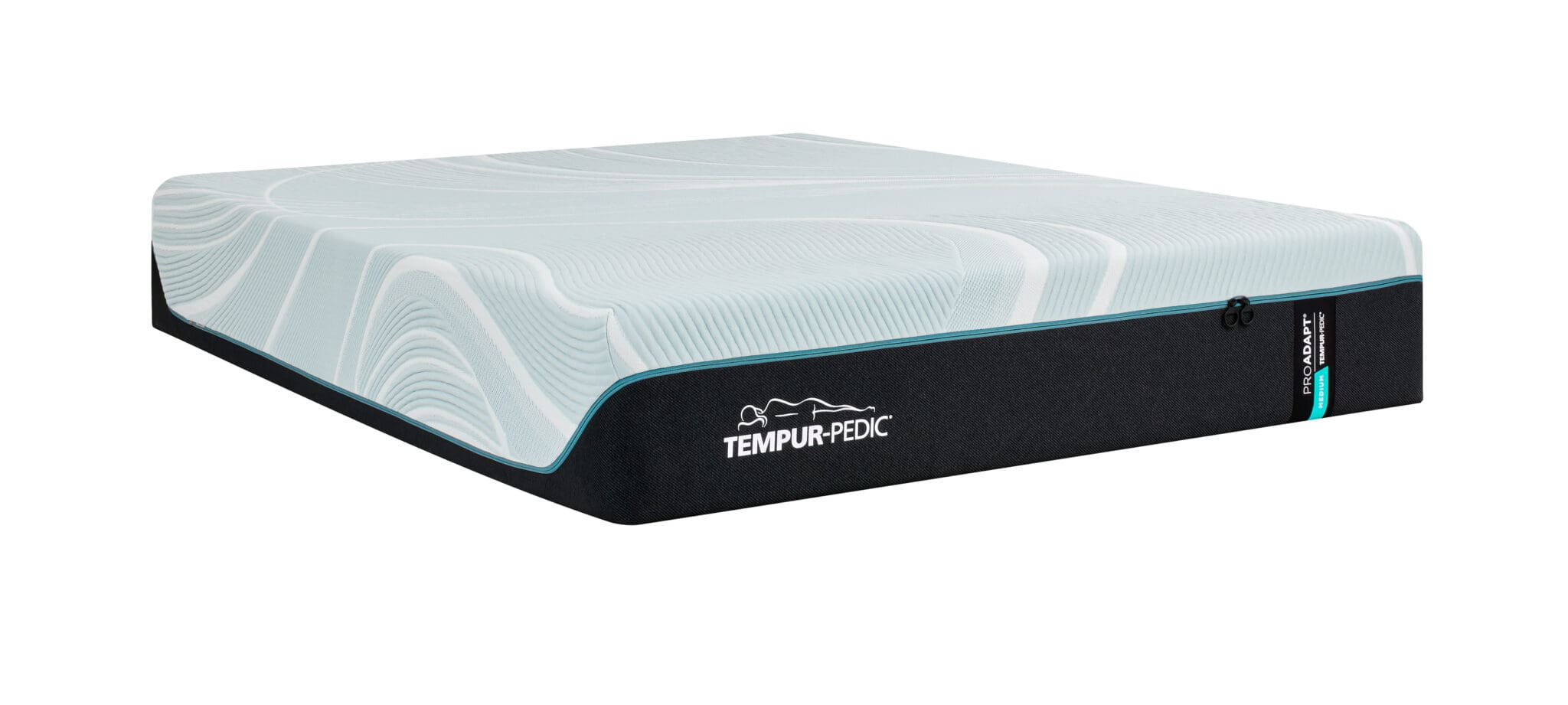 A Tempur-Pedic mattress with a light blue, wavy-patterned surface and a black base, featuring the Tempur-Pedic logo and a small product label on the side.