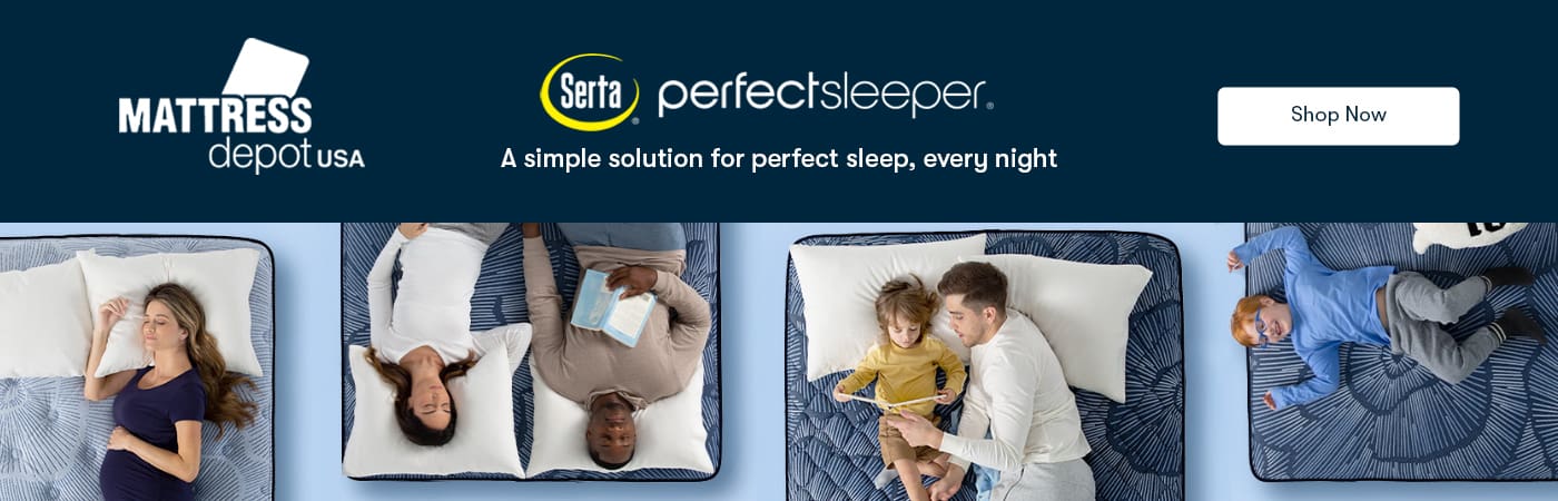 Banner for Mattress Depot USA featuring the Serta Perfect Sleeper mattress, showing diverse people and families lying comfortably in bed. There is a Shop Now button on the right side of the image.