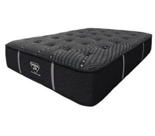 A black Spring Air mattress with a textured, patterned top and quilted sides. The mattress appears to be queen-sized and has a label with the Spring Air logo on the side.