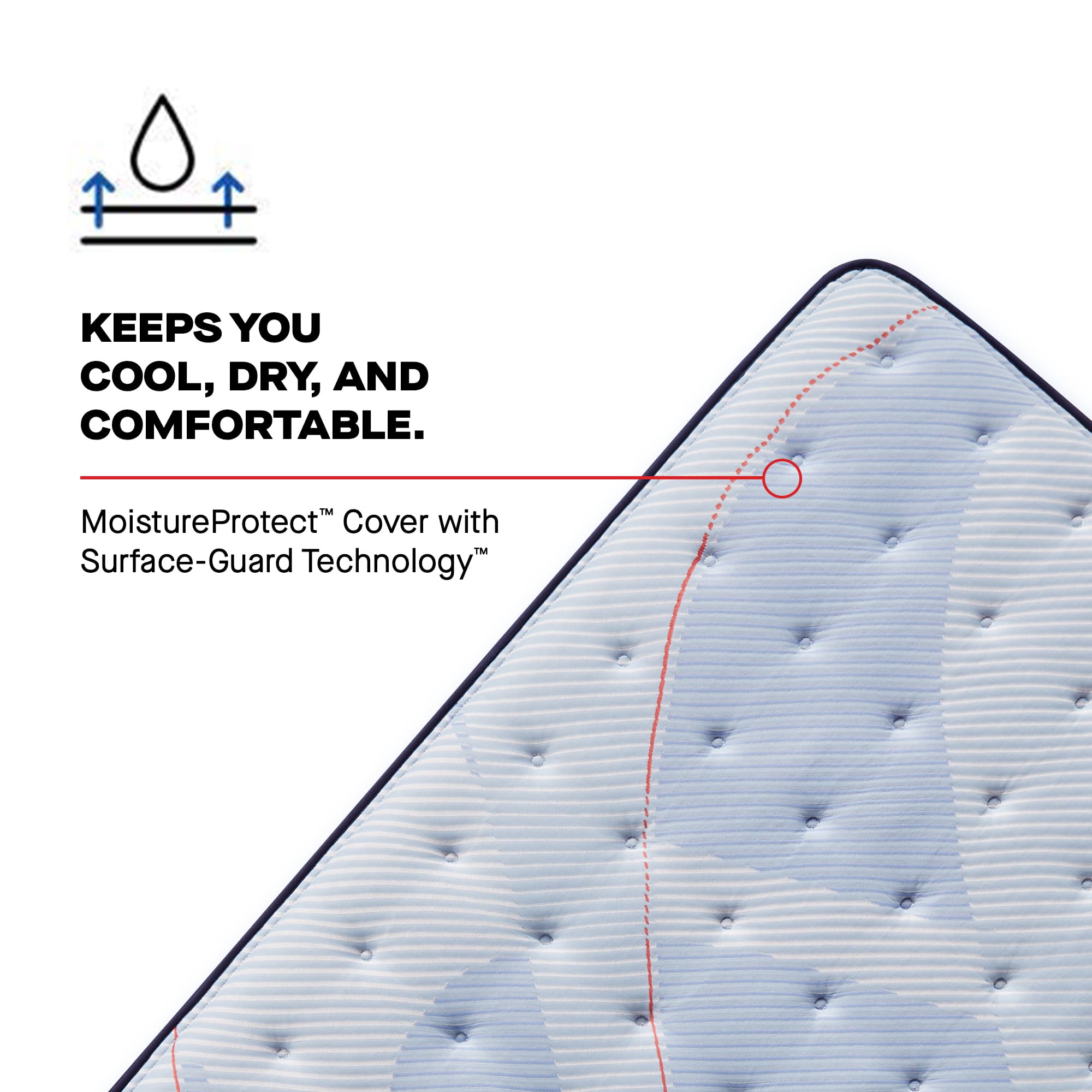 A close-up of a mattress corner with text stating Keeps you cool, dry, and comfortable and mentioning MoistureProtect Cover with Surface-Guard Technology. There is also a water droplet icon above the text.