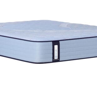 A light blue, rectangular mattress with a quilted, patterned top and dark blue trim around the bottom edge, shown against a white background.