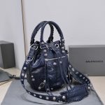 Balenciaga Le Cagole Small Bucket Bag In Black/Dark Blue/Sliver Tone For Women 11.8in/30 cm 7024321VG9Y1000