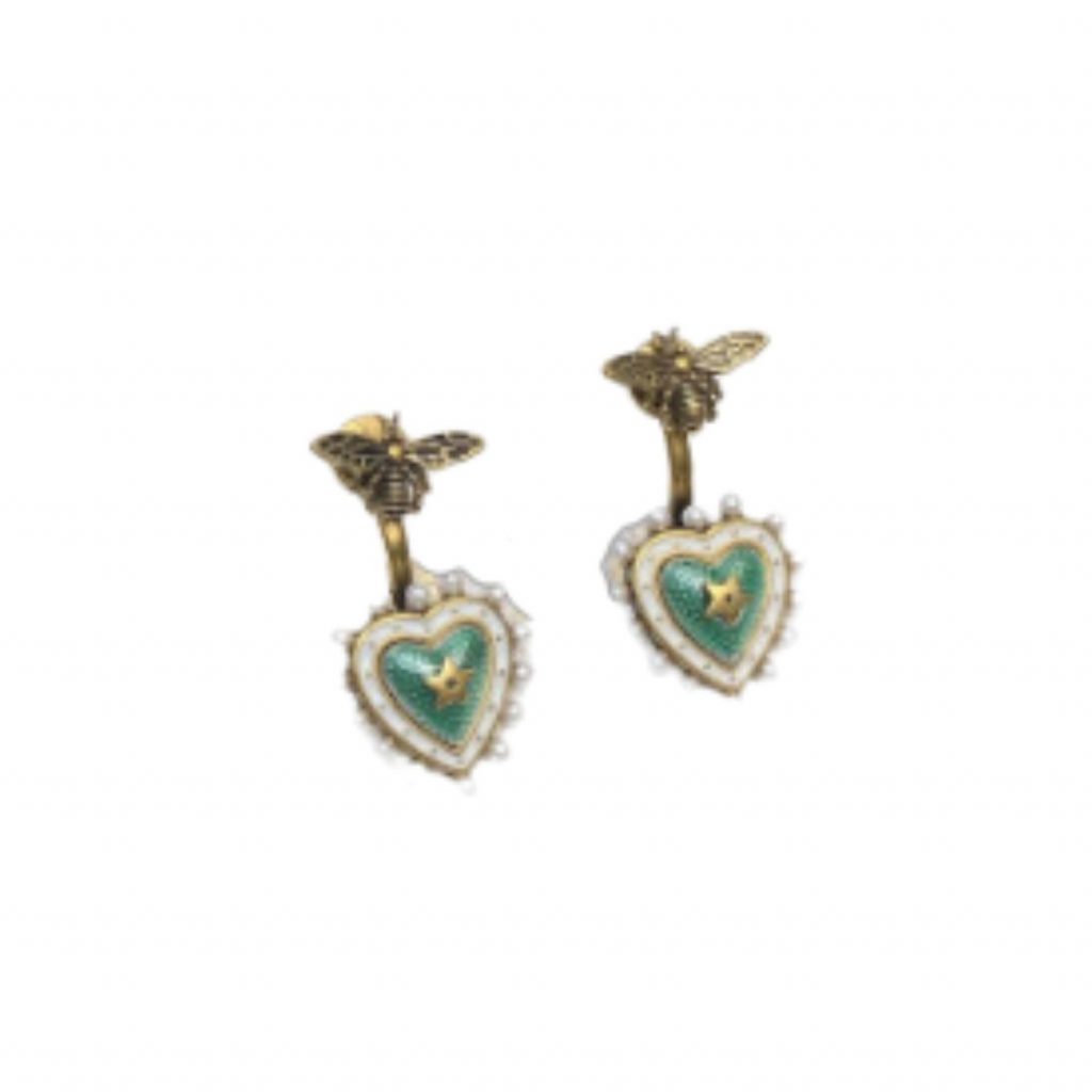 Green Heart Bee Shape Earrings Gold Tone