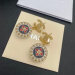 Chanel Red And Blue Pattern In Middle Circle Earrings Gold Tone For Women