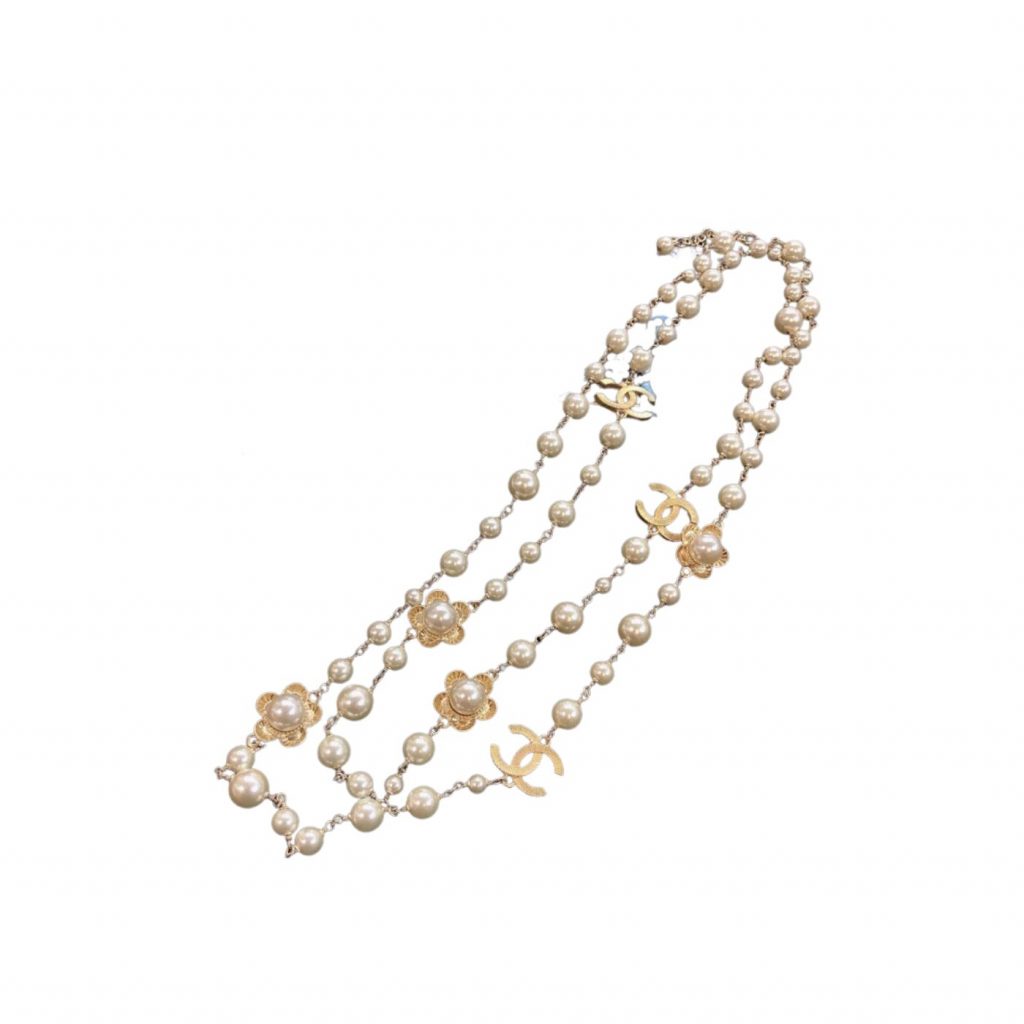 Stylized Flower Multi Layered Pearl Necklace Gold Tone