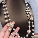 Chanel Stylized Flower Multi Layered Pearl Necklace Gold Tone For Women