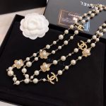 Chanel Stylized Flower Multi Layered Pearl Necklace Gold Tone For Women