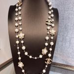Chanel Stylized Flower Multi Layered Pearl Necklace Gold Tone For Women