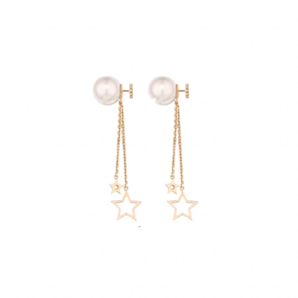 Two Stars Long Earrings Gold Tone