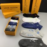 Ankle Socks With Logo LV At Front White/Black/Grey/Dark Grey/Dark Blue - 5 Pairs