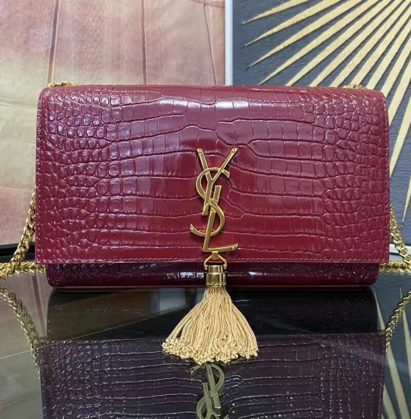 Saint Laurent Kate Small Chain Bag With Tassel In Embossed Burgundy For Women 9.4in/24cm YSL 