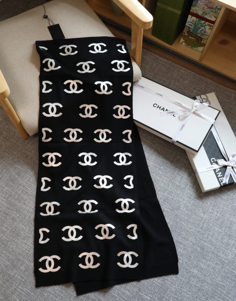 Chanel Silver Logo Tricolor Knitted Scarf Black 180cm/71in For Women