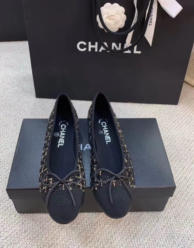 Chanel Ballerina Flats Tweed Black/Gold For Women, Women's Shoes G02819 K4311