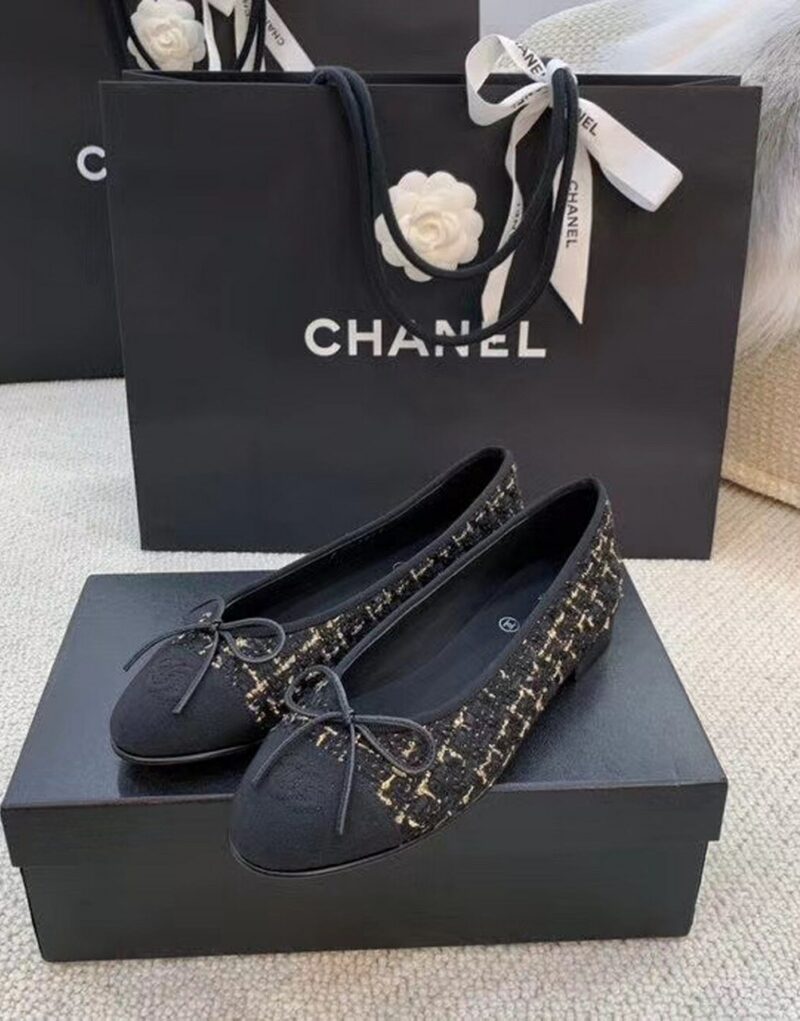Chanel Ballerina Flats Tweed Black/Gold For Women, Women's Shoes G02819 K4311