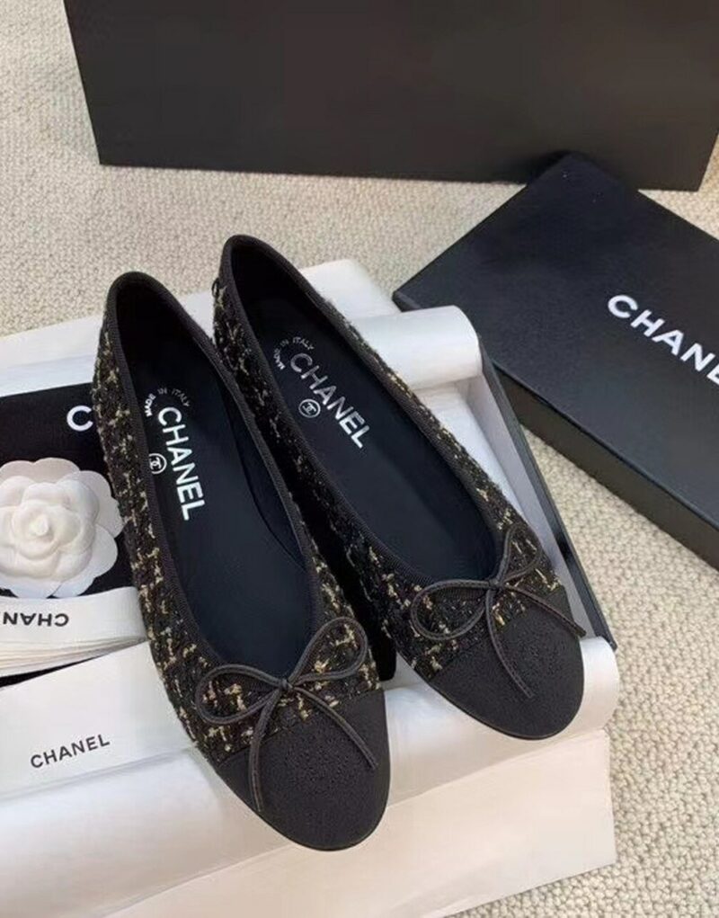 Chanel Ballerina Flats Tweed Black/Gold For Women, Women's Shoes G02819 K4311