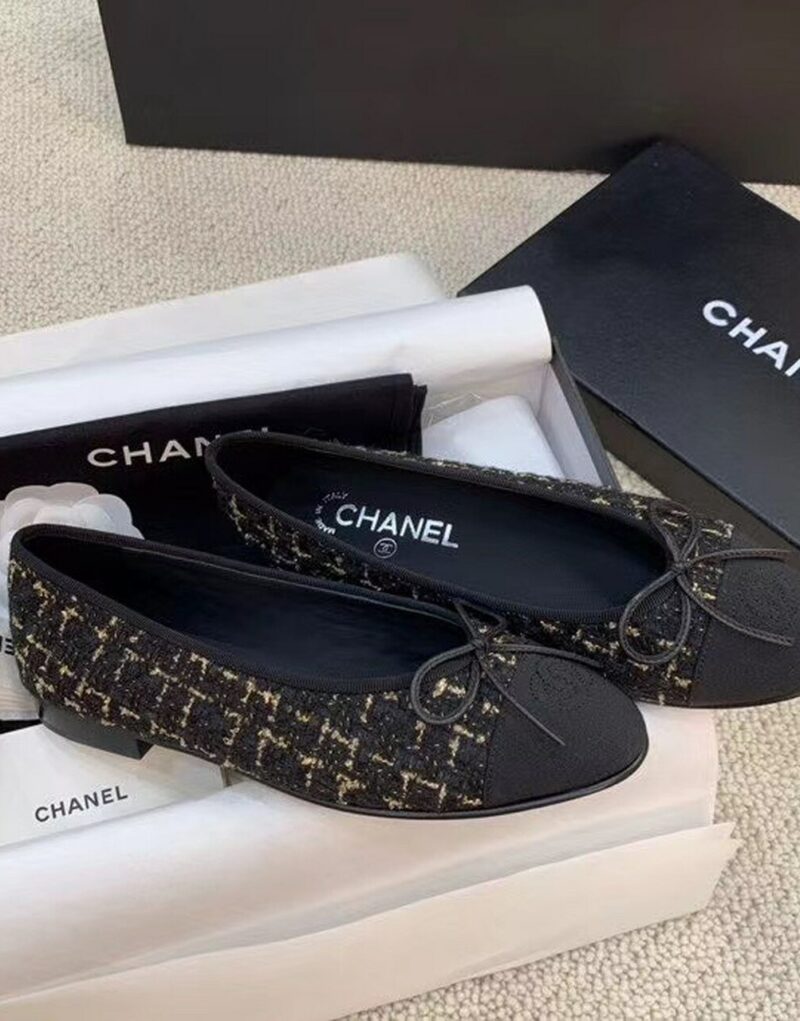 Chanel Ballerina Flats Tweed Black/Gold For Women, Women's Shoes G02819 K4311