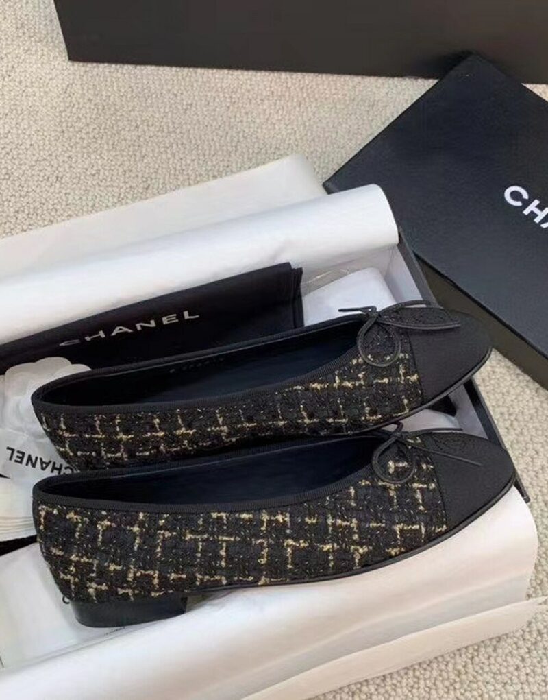 Chanel Ballerina Flats Tweed Black/Gold For Women, Women's Shoes G02819 K4311