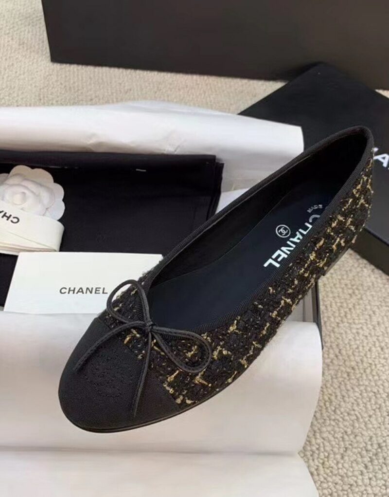Chanel Ballerina Flats Tweed Black/Gold For Women, Women's Shoes G02819 K4311