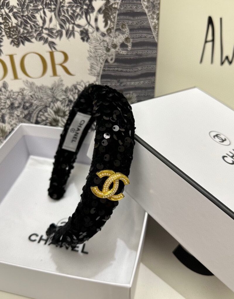 Chanel Sequin Hairband CC Logo Black For Women