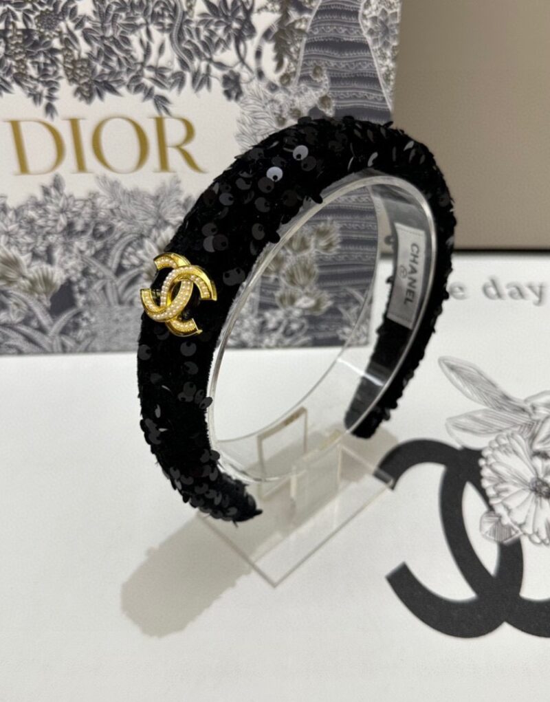 Chanel Sequin Hairband CC Logo Black For Women