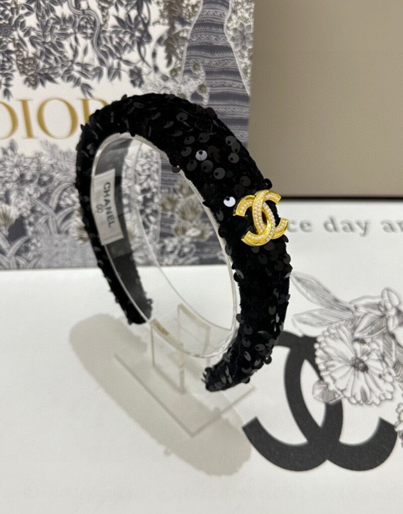 Chanel Sequin Hairband CC Logo Black For Women