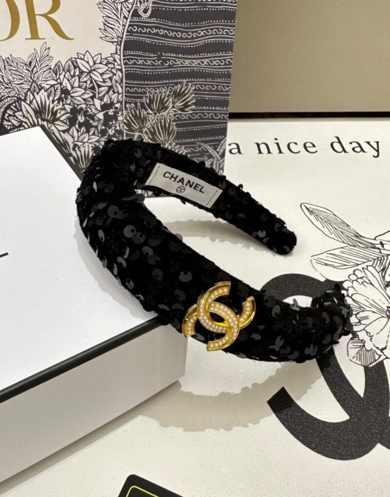 Chanel Sequin Hairband CC Logo Black For Women