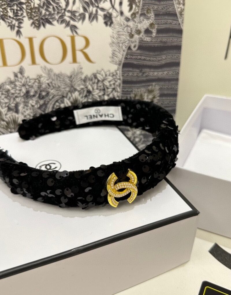 Chanel Sequin Hairband CC Logo Black For Women