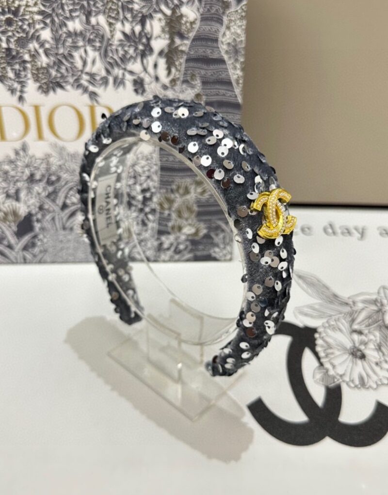 Chanel Sequin Hairband CC Logo Gray For Women