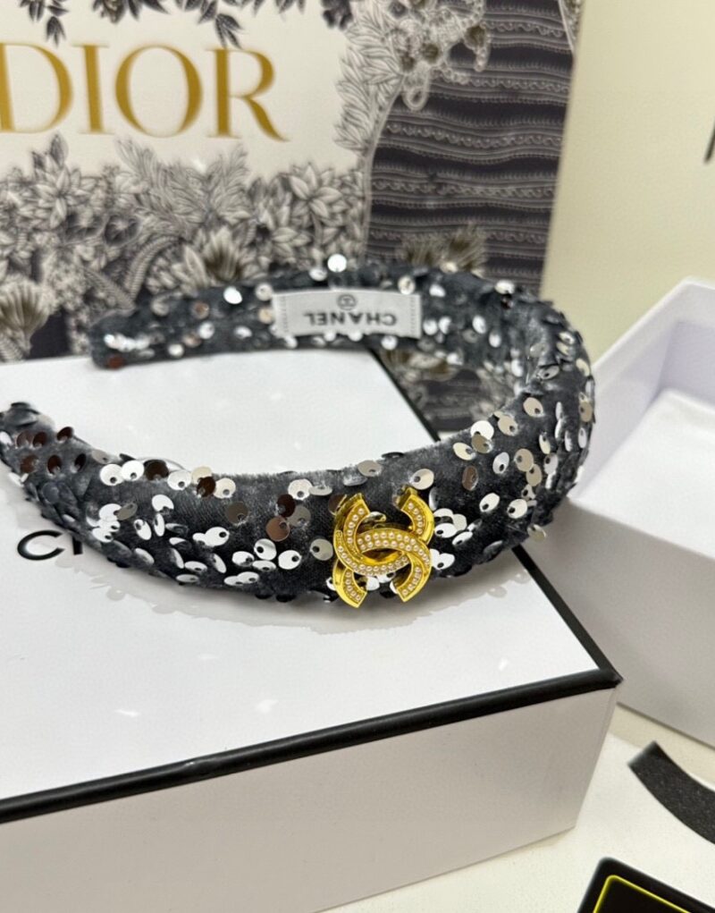 Chanel Sequin Hairband CC Logo Gray For Women