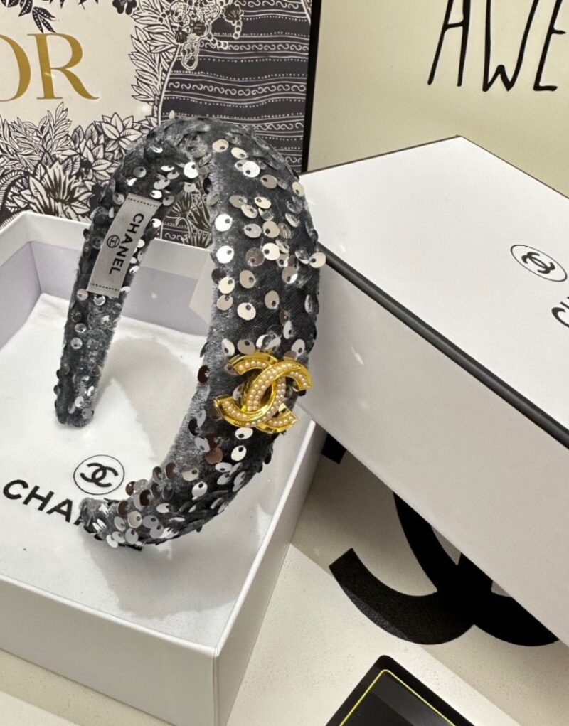 Chanel Sequin Hairband CC Logo Gray For Women