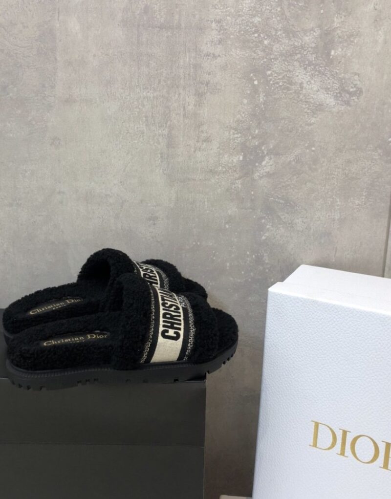 Christian Dior Dway Slide Black Embroidered Cotton And Shearling Black For Women CD KCQ551ESK_S11X