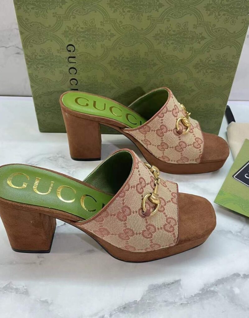 Gucci Women's Slide Sandal With Horsebit By Fabric Canavas Brown For Women