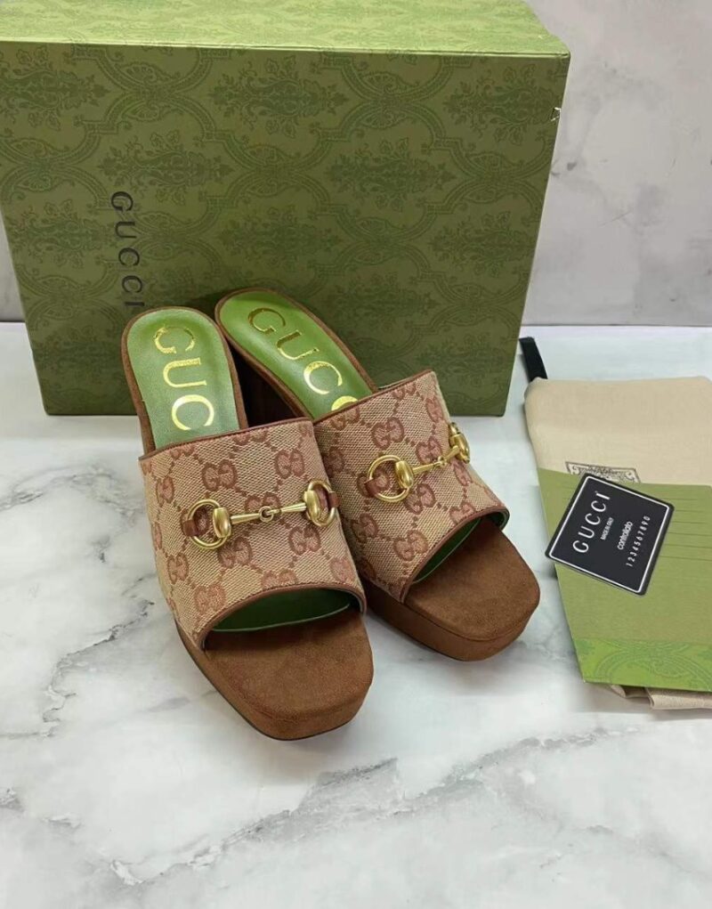 Gucci Women's Slide Sandal With Horsebit By Fabric Canavas Brown For Women