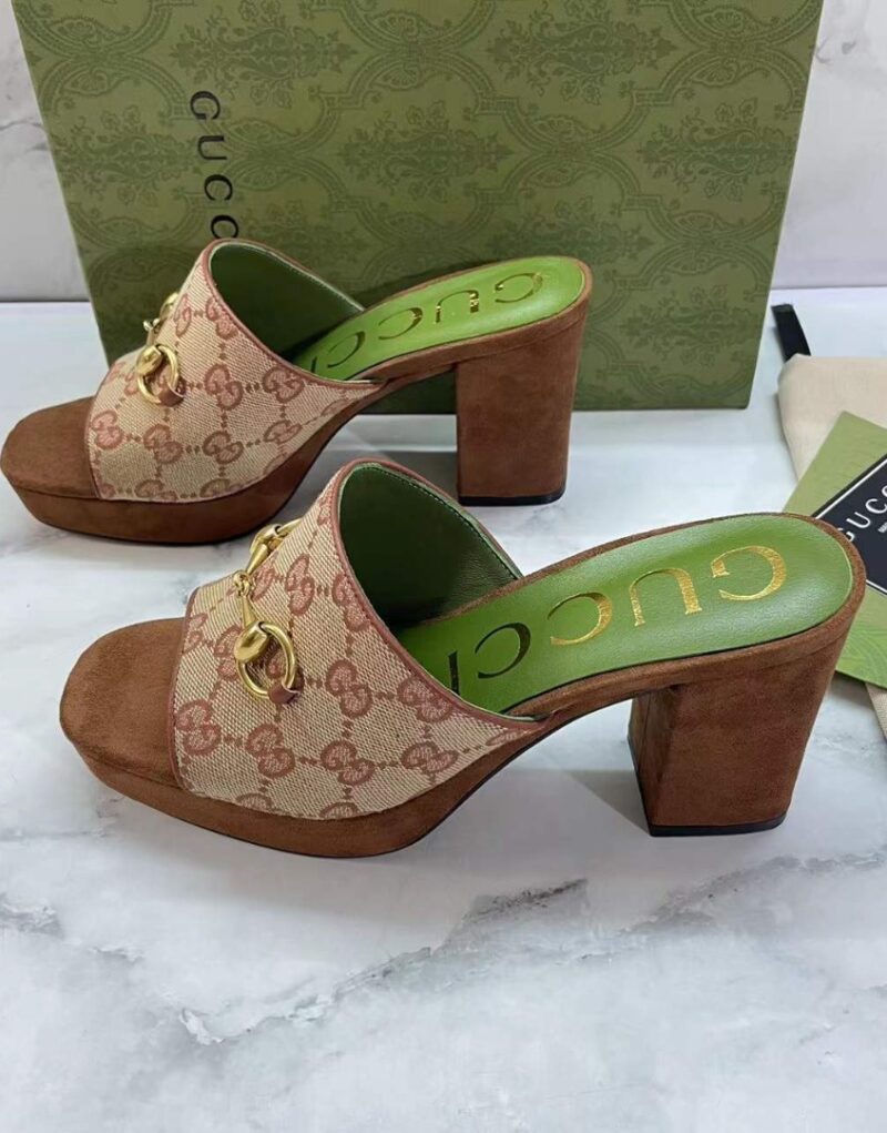 Gucci Women's Slide Sandal With Horsebit By Fabric Canavas Brown For Women