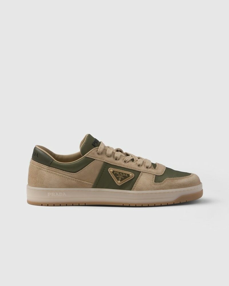 Prada Downtown Delavé Suede And Re-Nylon Sneakers Ecru/Military For Men 2EE364_3KUY_F03TK_F_D002