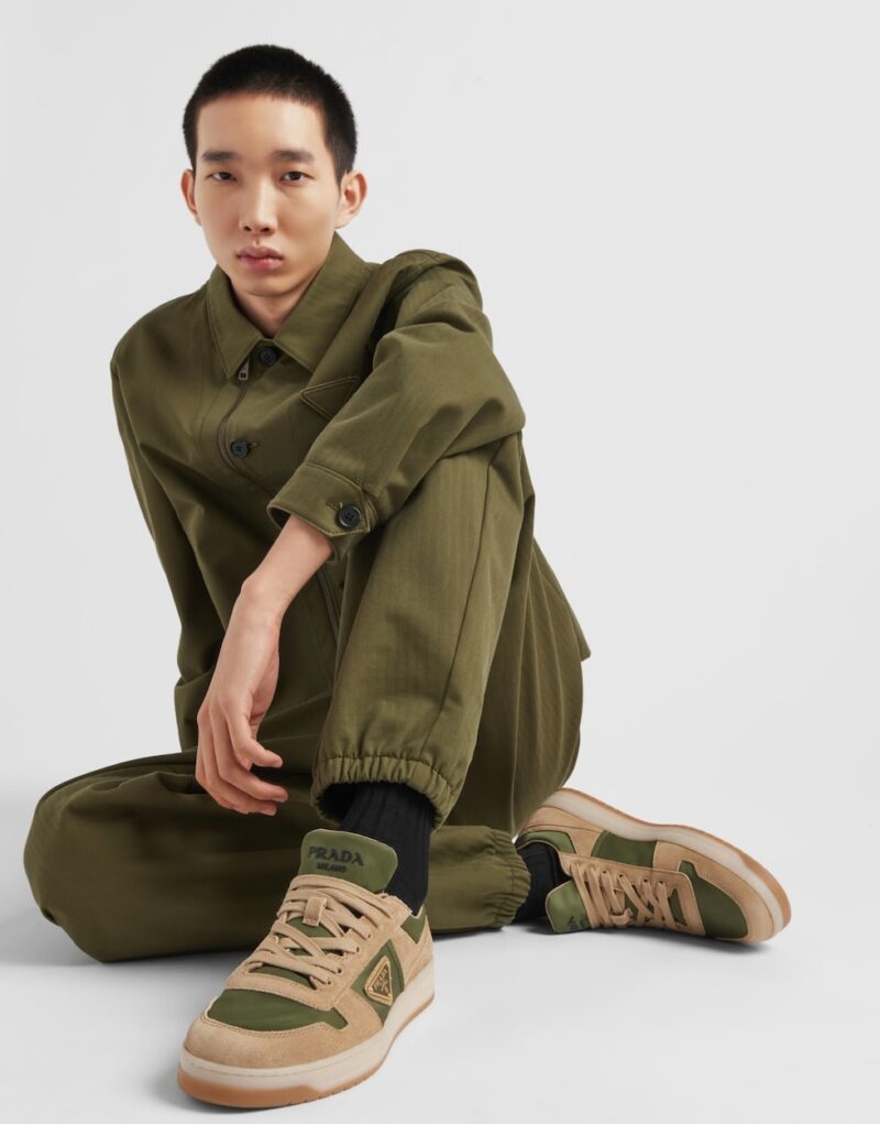 Prada Downtown Delavé Suede And Re-Nylon Sneakers Ecru/Military For Men 2EE364_3KUY_F03TK_F_D002