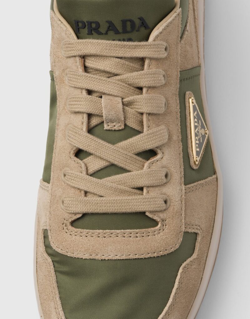 Prada Downtown Delavé Suede And Re-Nylon Sneakers Ecru/Military For Men 2EE364_3KUY_F03TK_F_D002