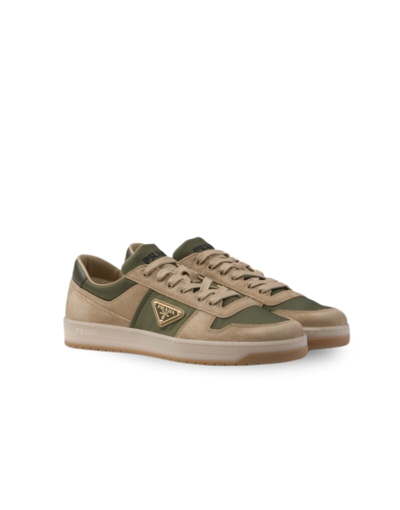Prada Downtown Delavé Suede And Re-Nylon Sneakers Ecru/Military For Men 2EE364_3KUY_F03TK_F_D002