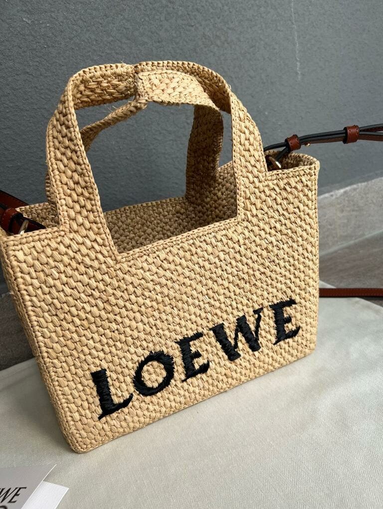 [True-to-ORIGINAL] Loewe Mini Font Tote Raffia Natural For Women 16cm/6.3in - A685V46X01