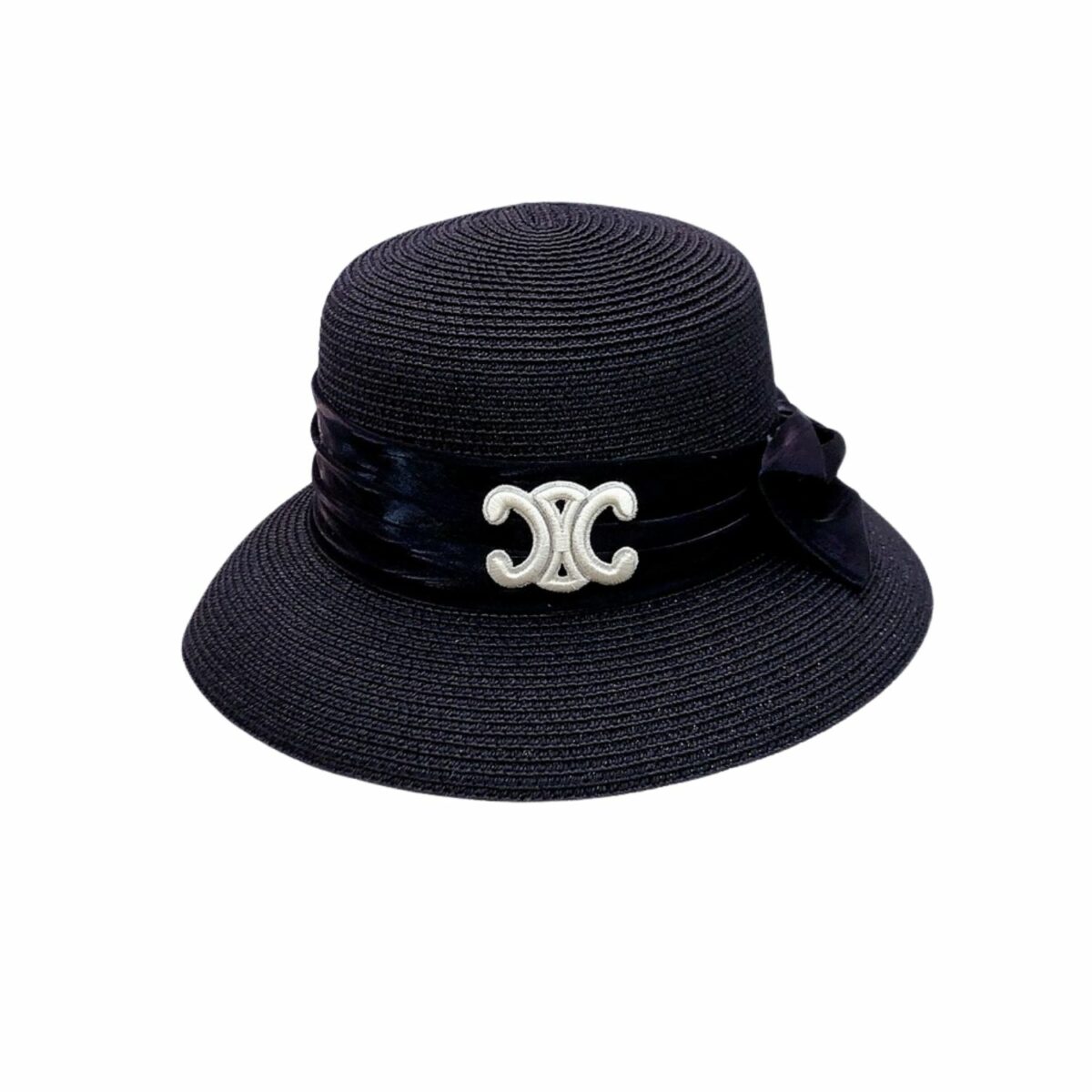 Celine Straw Hat With Satin Ribbon Bow Black For Women 58cm/22.8in