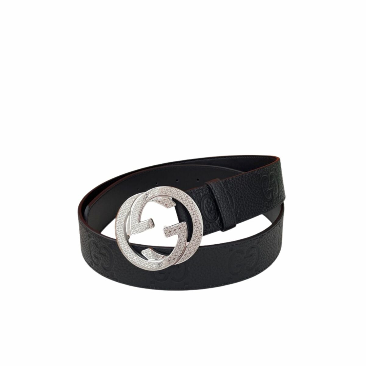 Gucci GG Pebbled Monogram Belt Black With Silver Crystal Buckle 40mm