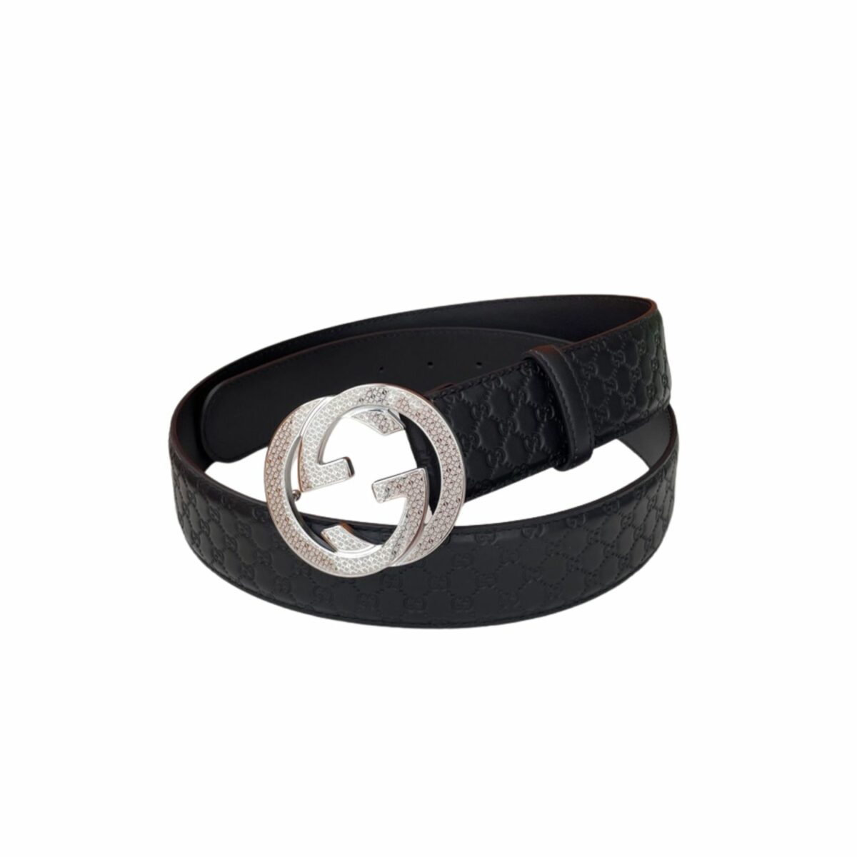 Gucci Monogram Belt Black With Silver Crystal Buckle 40mm