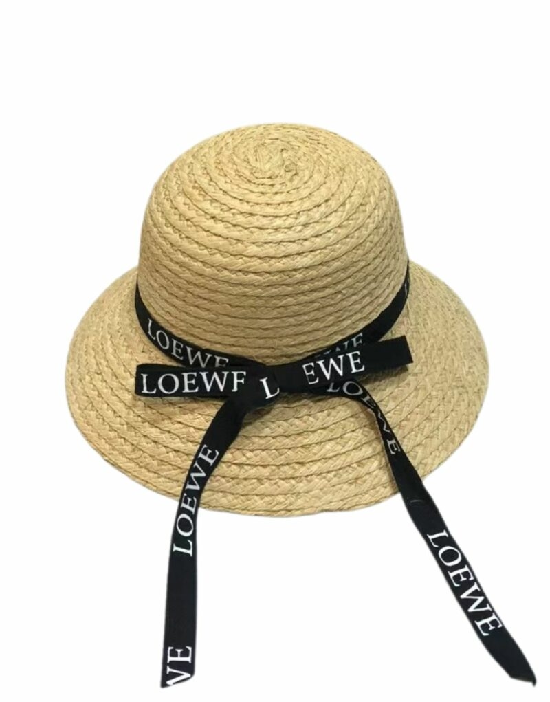 Loewe Straw Sun Hat Raffia With Black Ribbon Logo Beige For Women 57cm/22.4in