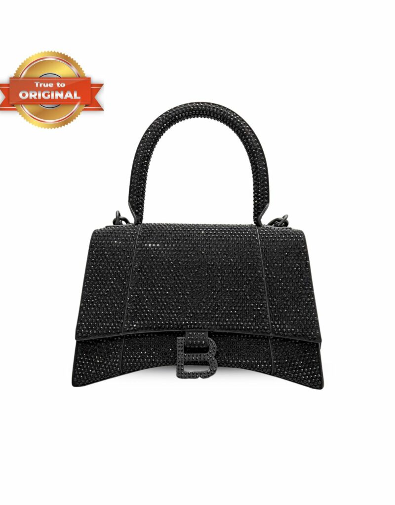 [True-to-ORIGINAL] Balenciaga Furry Hourglass Small Handbag With Rhinestones In Black For Women 24cm/9.4in