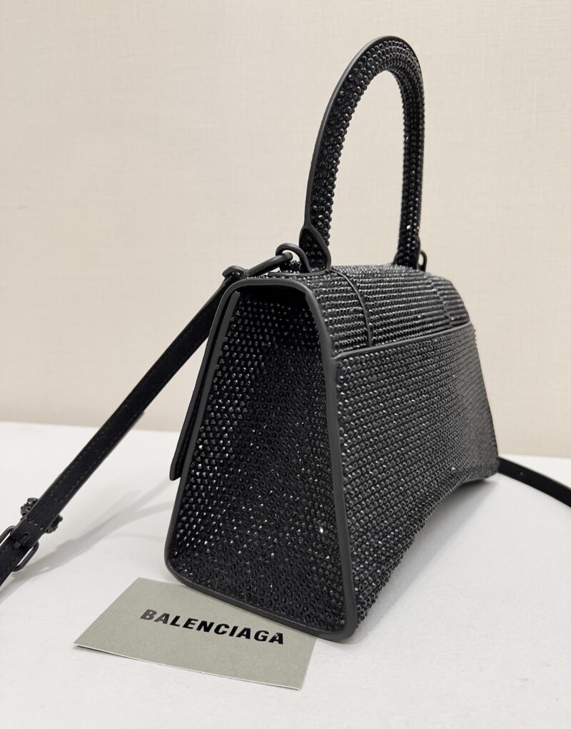 [True-to-ORIGINAL] Balenciaga Furry Hourglass Small Handbag With Rhinestones In Black For Women 24cm/9.4in