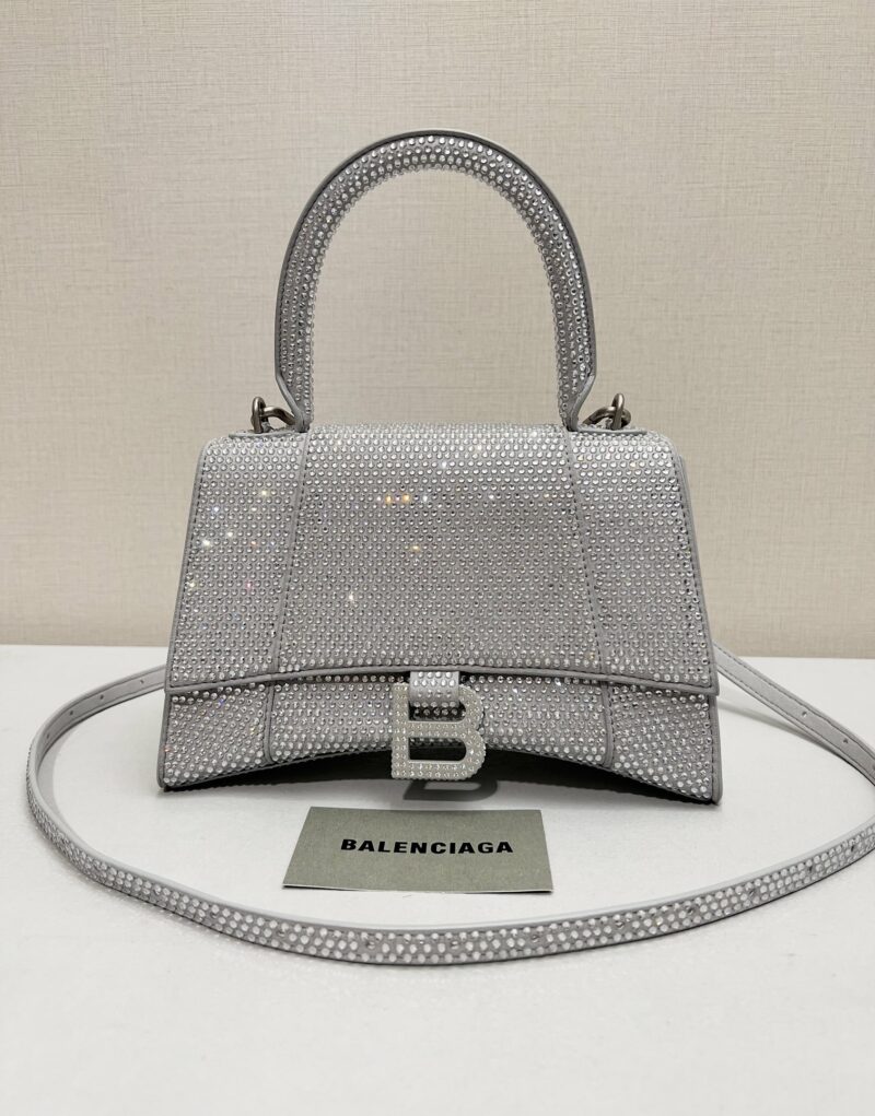 [True-to-ORIGINAL] Balenciaga Furry Hourglass Small Handbag With Rhinestones In Grey For Women 24cm/9.4in