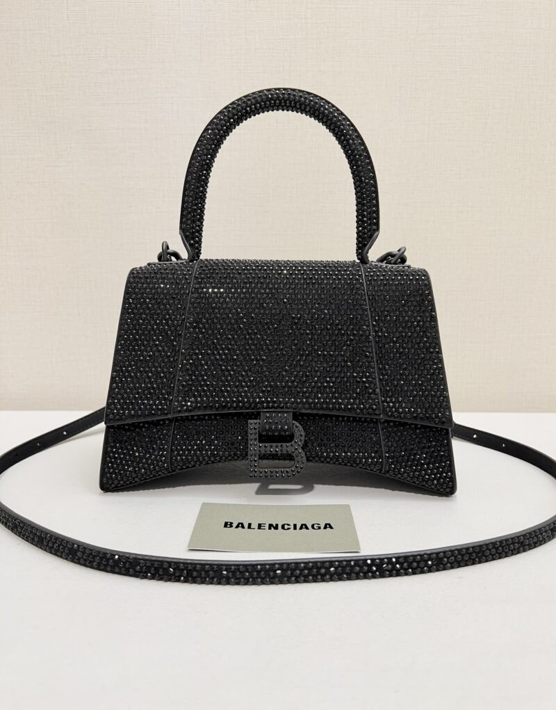 [True-to-ORIGINAL] Balenciaga Furry Hourglass Small Handbag With Rhinestones In Black For Women 24cm/9.4in