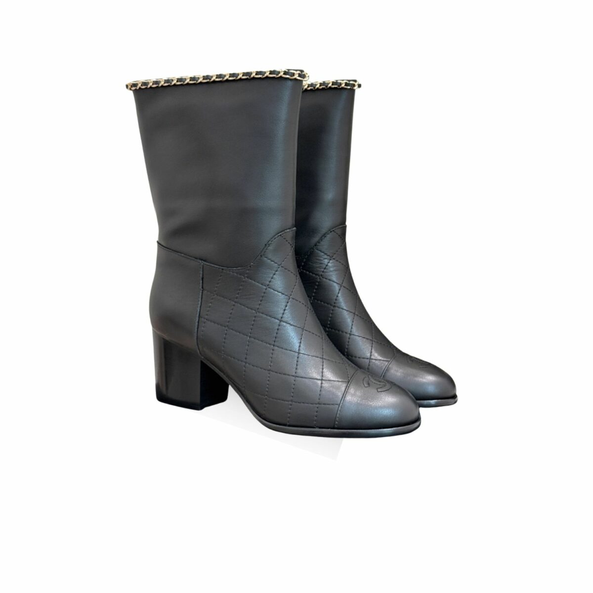 Chanel Double C Chunky Heel Boots With Chain Detail Black For Women