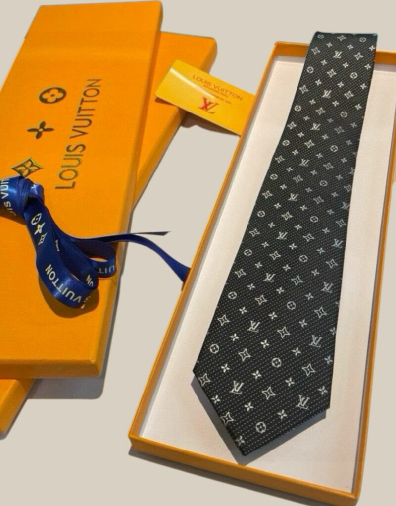 Louis Vuitton Signature Monogram Silk Tie Dark Charcoal Grey For Men