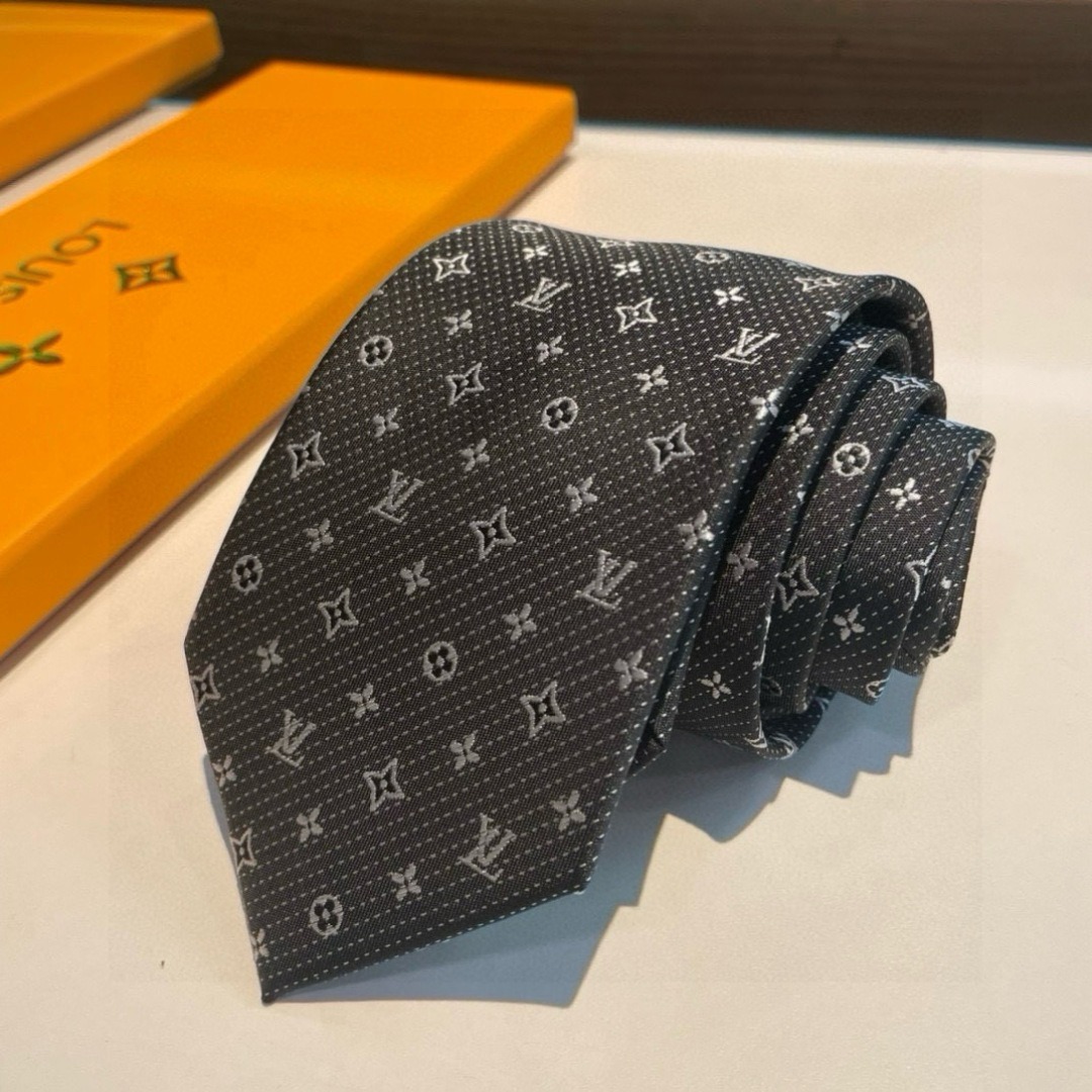 Louis Vuitton Signature Monogram Silk Tie Dark Charcoal Grey For Men